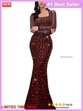 Rhinestone Sequin Mermaid Prom Evening Gown Long Sleeve Formal Dress